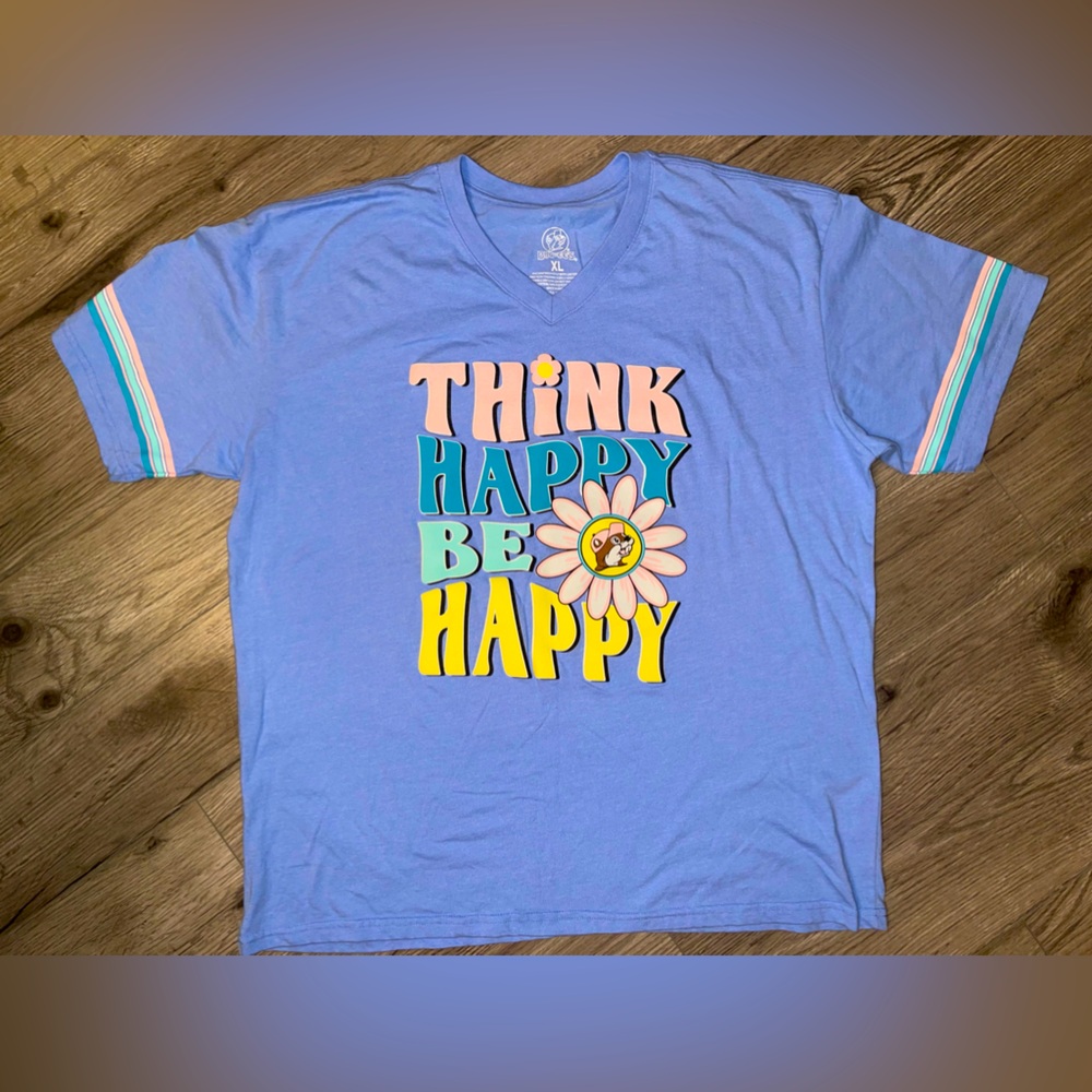 Blue Graphic Tee with Multicolor Stripes